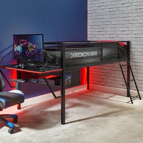 Image of X-Rocker Sanctum Mid Sleeper Bed, Gaming Bed with Desk and Storage, Black Metal Frame with Ladder. Compact Built-In Gaming Desk for Boys and for Girls, Cabin Bedroom Furniture - BLACK