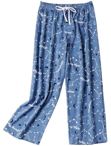 Image of MIA LUCCE Pyjama Bottoms Womens Capri Cropped Pyjamas for Women Stretch Drawstring Soft Pj Bottoms Soft Lounge Sleepwear(Blue Star,XL)
