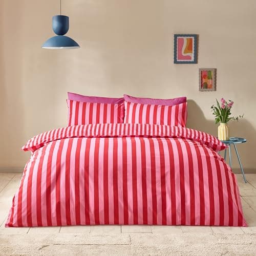 Image of Sassy B Stripe Tease Reversible Double Duvet Cover Set with Pillowcases Red