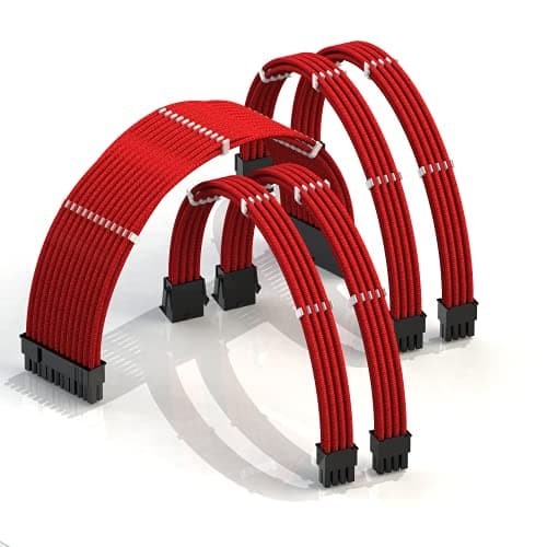 Image of LINKUP - AVA 30cm PSU Cable Extension Sleeved Custom Mod GPU PC Braided w/Comb Kit | 1 x 24 P (20+4) | 2 x 8 P (4+4) CPU | 2 x 8 P (6+2) GPU set | 300mm - Red