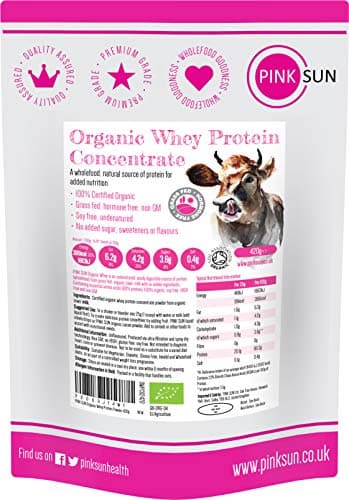 Image of PINK SUN Organic Whey Protein Concentrate Powder Unflavoured 420g Soy Free Grass Fed Gluten Free No Additives Vegetarian Undenatured Non GM Certified Bio UK