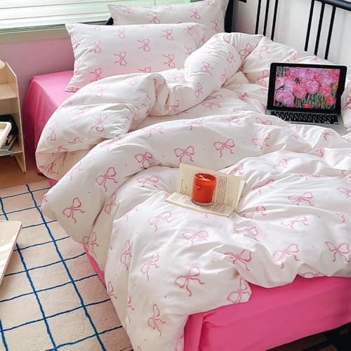 Image of Covebett Pink Bow Duvet Cover Double White Pink Bows Bowknot Print Kawaii Bedding Set Kids Girls Cute Bow Tie Microfiber Comforter Cover 200x200 cm with Zipper Closure and 2 Pillowcases 50x75 cm