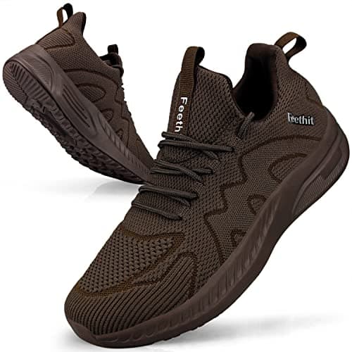 Image of Feethit Trainers Men Running Shoes Tennis Sports Training Walking Gym Athletic Fitness Fashion Sneakers Trainers for Men Breathable Lightweight Comfortable Outdoor Flat Shoes for Jogging Brown UK7