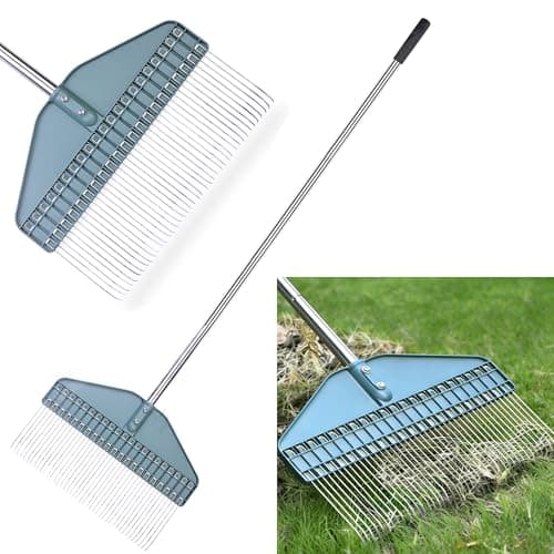 Image of YEELOR Leaf Rake & Thatch Rake—66-Inch Adjustable Stainless Steel Handle, Heavy-Duty Design for Gardens, Lawns, and Farms. Ideal for Cleaning Up Dead Grass, Fallen Leaves, and Animal Bedding