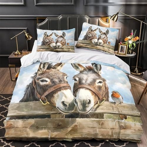 Image of TFEDACVSS Donkeys Closeup Quilt Cover 3D Design Printed Ultra Soft 3-Piece Bedding Set Zipper Pastoral Comforter Cover Hotel Quality Easy Care for Teens Adults Women Kids Girls Boys Single(140x200cm)