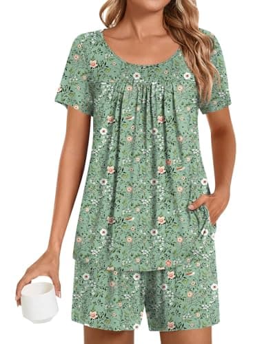 Image of POPYOUNG Womens Pajamas Sets 2 Pieces Lounge Sleepwear Ladies Pjs Sets with Pockets M, Green Floral Mix