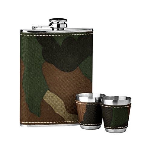 Image of Premium Housewares 6 Oz Hip Flask Set Camouflage Design Pocket / Alcohol Flask For Men Stainless Steel Mini Whisky Flasks With Shot Glasses / Small Cups 13 x 13 x 2.01, Green