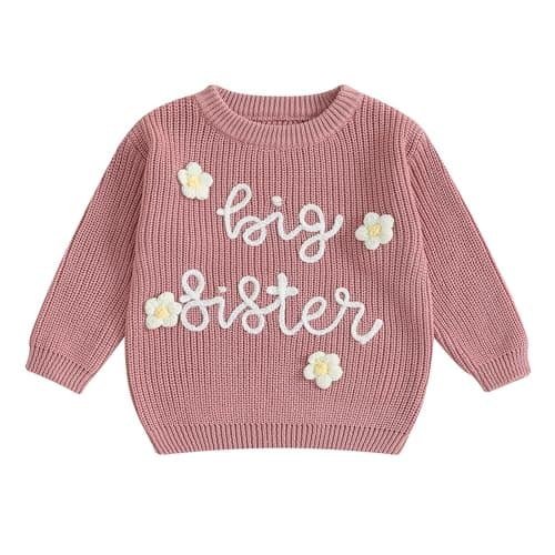 Image of Geagodelia Big Sister Knitted Jumper Toddler Infant Girl Embroidered Letter Flower Sweater Top Spring Fall Winter Outfit Clothes (Dark Pink, 18-24 Months)