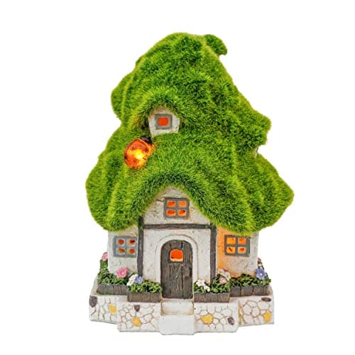 Image of TERESA'S COLLECTIONS Flocked Garden Statue and Figurine Fairy House with Solar Outdoor Lights, Resin Garden Decor Outdoor Statues Garden Cottage Yard Decor Porch Lawn Ornaments Gifts for Mom, 7.4"