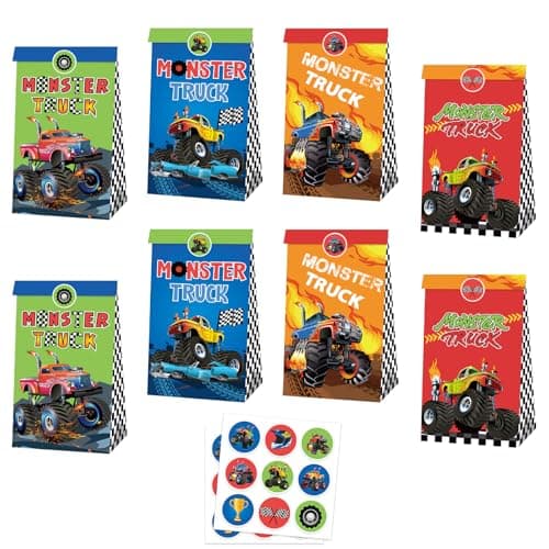 Image of MORAINJAY 12 Pcs Monster Trucks Paper Bags, Truck Theme Party Goodie Bags, Kids Birthday Gift Treat Bag, Boys and Girls Party Favour Decoration Supplies, with 18 Stickers