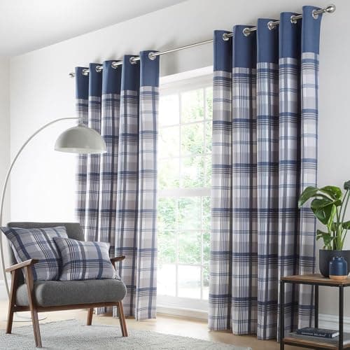 Image of HOMEMAKER BEDDING Curtains Blue Grey eyelet ring top lined tartan check pair (90 x 90 (229x229cm))