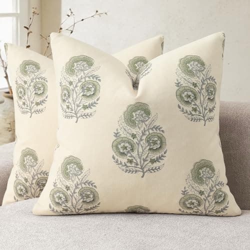 Image of YCOLL Vintage Floral Print Cushion Covers 45x45 Set of 2 Patterned Accent Sofa Cushions Modern Farmhouse Decorative Cushions for Sofa Chair Bed Living Room Home Decor Sage Green