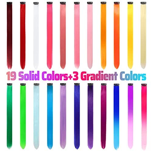 Image of 22 PCS Rainbow Colored Hair Extensions Clip In for Girls 22 Inch Colorful Straight Extensions for Party Highlights Accessories Hair Pieces for Women