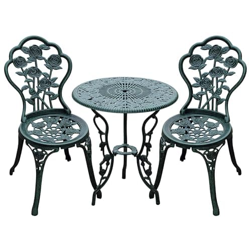 Image of Outsunny Garden Bistro Set with Umbrella Hole, 3 Piece Cast Aluminium Garden Furniture Set, Antique Floral Round Coffee Table and Chairs, Small Balcony Furniture for Outdoor, Patio, Green