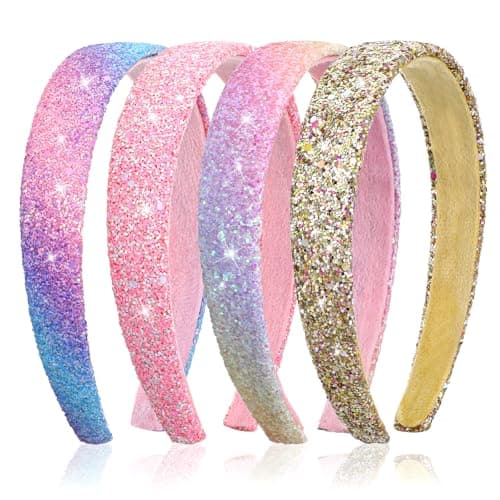 Image of 4 Pcs Glitter Headbands For Girls Women Glitter Rainbow Headband Glitter Pink Rainbow White Sparkly Sequin Headband Cute Bling Head Bands For Girl Headbands Hair Accessories Party Holiday