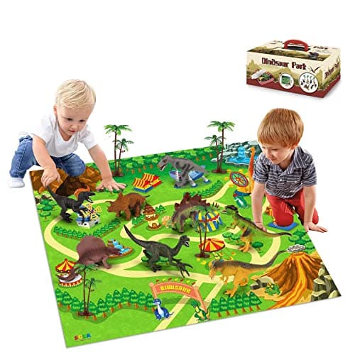 Image of SOKA Dinosaur Toy Figure Set with Activity Play Mat Playmat & Trees For Kids Children - Realistic Dinosaur Toys Educational Playset for Boys & Girls Including T-Rex, Triceratops, Velociraptor