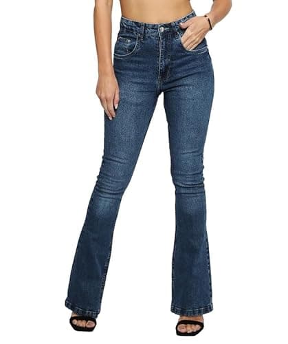 Image of JMOJO Flared Jeans for Women UK - High Waisted Stretch Pants with Internal Waist Adjuster & 5 Pocket Design - Perfect for Outdoor Evening Parties & Barbecue - Ladies Jeans Mid Blue