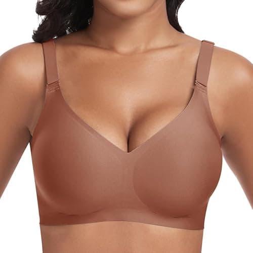 Image of Cavotor Women Seamless Bra Non Wired Push Up Support Bras for Saggy Breasts Wireless T Shirt Soft Comfort Ladies V Neck Padded Bralettes with Extender (Brown,M)