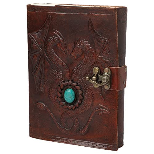 Image of OVERDOSE Double Dragon with Stone C-Lock Leather Journal Diary Notebook - Handmade Journal For Students Office Bound Leather Journal for men & women Notebook - 5 x 7 inches | 12 x 17 cm | A6