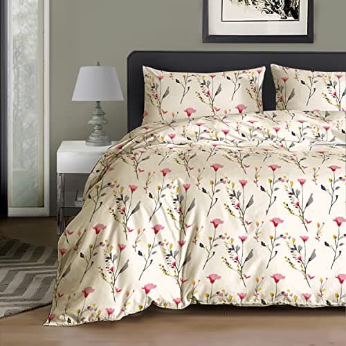 Image of RAYBedding 3PCS King Size Duvet Cover Set 100% Egyptian Cotton Bedding King Size Bed Set 400 Thread Count Floral Printed Blossom Pink Duvet Cover King with Pillow Cases 2 Pack