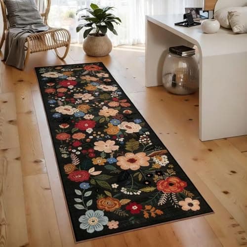 Image of Senaire Runner Rugs for Hallway, 60X180Cm Machine Washable Door Mat Non Slip Long Floral Carpet Runners Rug for Hallway Entryway Bedroom Bedside Kitchen Living Room Laundry Lounge Office (Black)