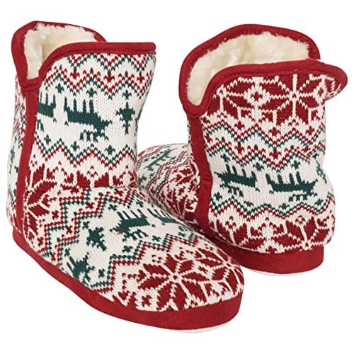 Image of Keanu Ladies Fairisle Slipper Boots - Snuggle White Faux Fur Lined Bootie Slippers - UK Sizes 3-4, 5-6, & 7-8 (Red Fairisle, 7-8)