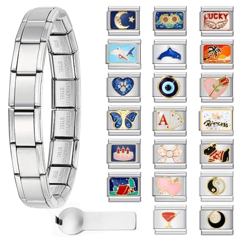 Image of GEMOSA Silver Italian Charm Bracelet Sets with 1Pcs Starter Brascelet, 20Pcs Charms Pack and Opening Tools, 9mm Italian Modular Charm Bracelet Link Handmade DIY Module Jewelry Gifts