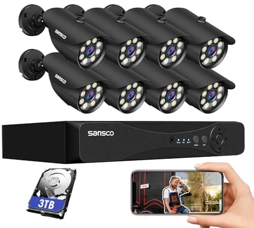 Image of SANSCO Full Metal Housing, Color Night Vision, 3K 8CH DVR CCTV Camera System Outdoor with 3TB Hard Drive, 8 x 5MP Wired Home Security Camera Bullet, 24/7 Recording, Human/Vehicle Detection, App Alert