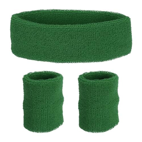 Image of PATIKIL Sports Wristbands Headband Set, 8x8cm Cotton Terry Cloth Athletic Absorbent Sweatband 20x5cm Headband for Tennis Basketball Running, Dark Green (1 Headband & 2 Wristbands)