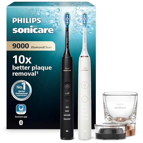 Image of Philips Sonicare DiamondClean 9000 Electric Toothbrush, Sonic Toothbrush with App, Pressure Sensor, 4 Brushing Modes, 3 Intensity Levels, Charging Glass, Black & Rosegold, Dual Pack, Model HX9914/57