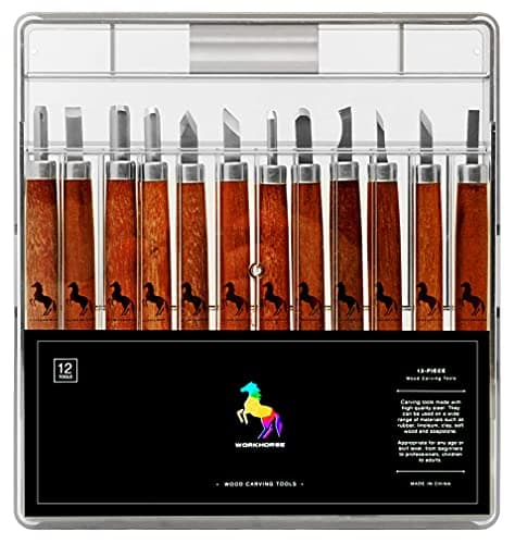 Image of Workhorse 12pcs Premium Wood Carving Tools & Chisels Set for Whittling, Woodworking, Sculpture, Carpentry, with Sharpening Stone and Storage Box