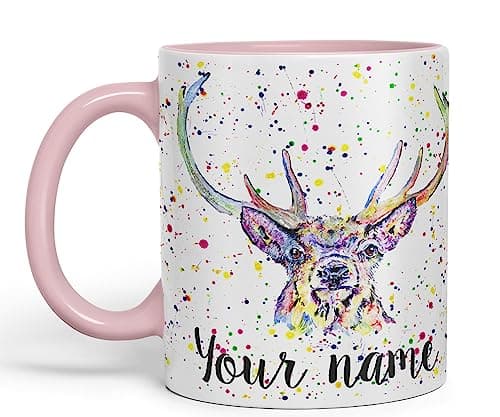 Image of Vixar Personalised with Your Text Stag Deer Wildlife Animals Watercolour Art Coloured Ceramic Mug Cup Gift 330ml 11oz Custom Work Office Tea Coffee (O2) (Pink)
