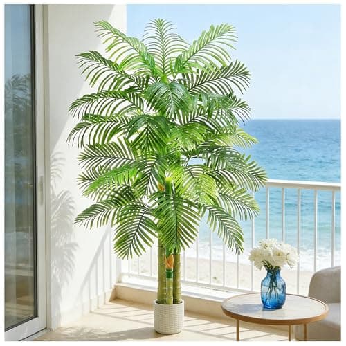 Image of TNGGNT Artificial Golden Cane Palm Tree, 6T Fake Large Tropical Areca Palm Trees Tall Faux Silk Plant in White Pot With Realistic Triple Textured Trunks for Office Outdoor Home Decor Hotel Patio Lobby