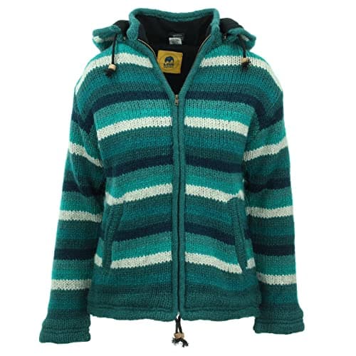 Image of LOUDelephant Hand Knitted Wool Hooded Jacket Cardigan Ladies Cut - Stripe Teal (X-Large)