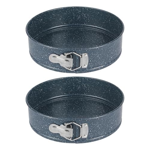Image of Russell Hobbs COMBO-8234 Springform Cake Tin Set of 2, Non-Stick Carbon Steel Loose Bottom Baking Pan, Removable Base for Cheesecake/Pies/Sponge, Strong & Durable, Easy Clean, Blue Marble, 24 cm