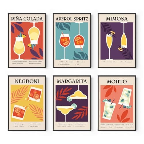 Image of Cocktail Wall Art Posters Apartment Decor Paper Prints Unframed (6 Pcs 8x12 inch), Dorm Wall decor Bar Cart Accessories Prints for Wall Decor