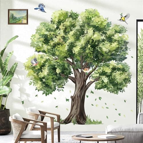 Image of decalmile Large Green Tree Wall Decals Plant Leaves Bird Wall Stickers Bedroom Living Room Sofa TV Background Home Decor