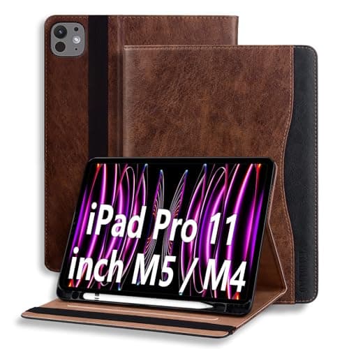 Image of ONETHEFUL Tablet Case for iPad Pro 11 Zoll M5/M4 (2025/2024) - Protective PU Leather with Multi-Angle Adjustable Stand, 2 Card Slots, Pen Holder | Brown