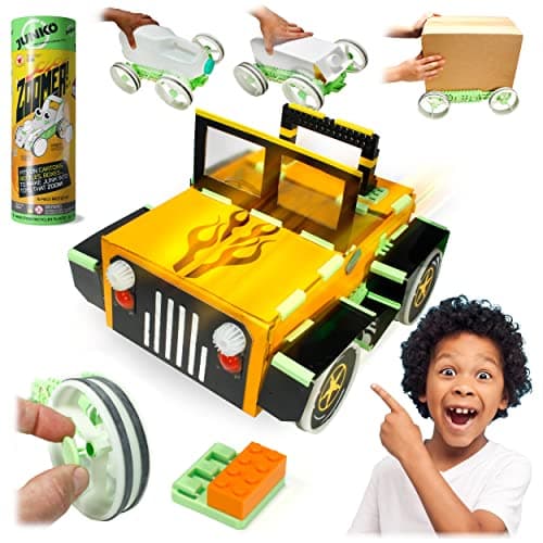 Image of JUNKO Zoomer Toy Car Kit - Transform Boxes, Bottles, Juice cartons... into Toy Cars. Made from Recycled Plastic. Endlessly Reusable Art, Craft & Build Kit