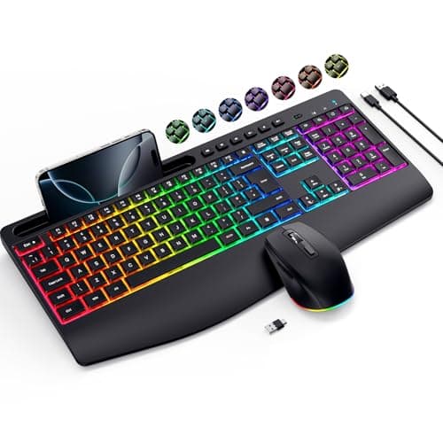 Image of Wireless Keyboard and Mouse Set 9 RGB Backlit Effects, Wrist Rest, 2.4G Rechargeable Ergonomic Keyboard with Phone Holder, Silent Keyboard Mouse Combo for Windows, Laptop, PC