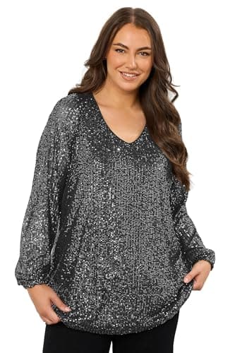 Image of EVANS Curve Women's Plus Size Sequin Embellished Puff Sleeve Top Black