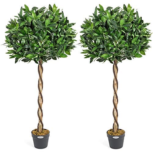 Image of Christow Artificial Bay Tree In Pot, Large 3ft 4ft Tall Indoor Outdoor Garden Topiary Ball, Twisted Wooden Trunk, Realistic Lush Green Leaves, Home Office Restaurant (4ft, 2 pack)