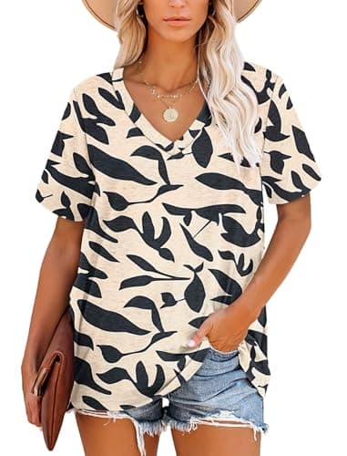 Image of MOLERANI T Shirts for Women Tops Short Sleeve V Neck Summer Tops Casual Loose Tee Apricot Black Leaf 3XL