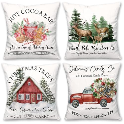Image of HATFRYF Christmas Pillow Covers, Set of 4 Vintage Style with Xmas Trees, Baubles and Winter Motifs, Cushion Covers for Sofa Couch Rustic Farmhouse Decor - 45 * 45cm