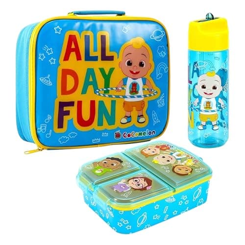 Image of Zawadi Global Kids Childrens Lunch Box Set – Insulated Lunch Bag, Multicompartment Lunch Box & 580ml Water Bottle - School Travel Lunch Food Set, BPA Free (Cocomelon)