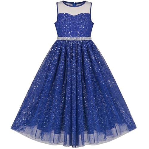 Image of Sunny Fashion Girls Dress Blue Sequin Party Pageant Wedding Bridesmaid Maxi Gown Dance Age 12 Years