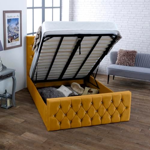 Image of AuGold Beds Upholstered Orion 4FT Small Double Ottoman Bed – Mustard Plush Velvet Small Double Bed Frame with Headboard, Footboard & Lift-Up Storage bed – Durable Modern Bed for Chic Bedrooms