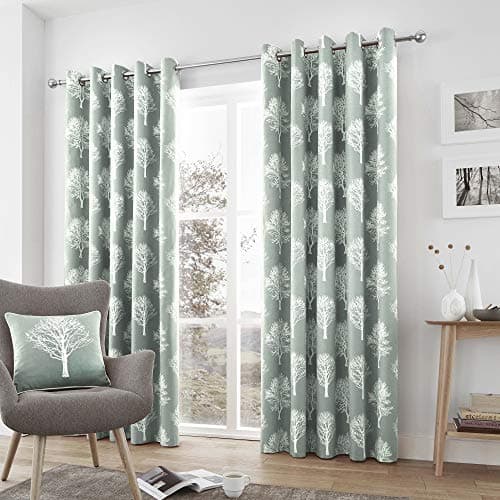 Image of Fusion - Woodland Trees - 100% Cotton Pair of Eyelet Curtains - 46" Width x 72" Drop (117 x 183cm) in Duck Egg