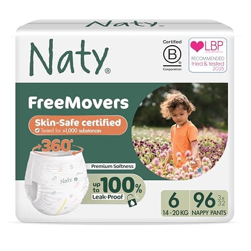 Image of Naty FreeMovers Nappy Pants | Sensitive Skin Certified Potty Training Pants | Soft, Fragrance Free | Absorbent & Leak-Proof | Unisex Baby & Toddler | Size 6 (14–20 kg), 96 Count