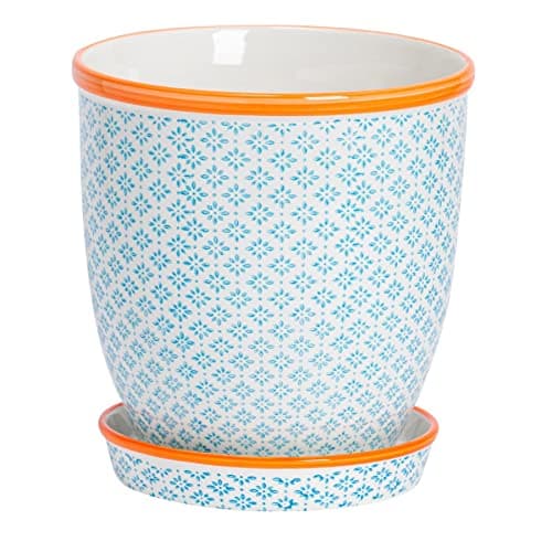 Image of Nicola Spring Patterned Plant Pot with Saucer - Blue - 20.5cm Porcelain Indoor Ceramic Planter with Drainage Holes Outdoor Garden Flower Pots for House & Garden Flowers